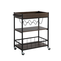 Rolling Kitchen Cart with Three Tiers and Four Wine Bottle Rack - Brown and Black Metal