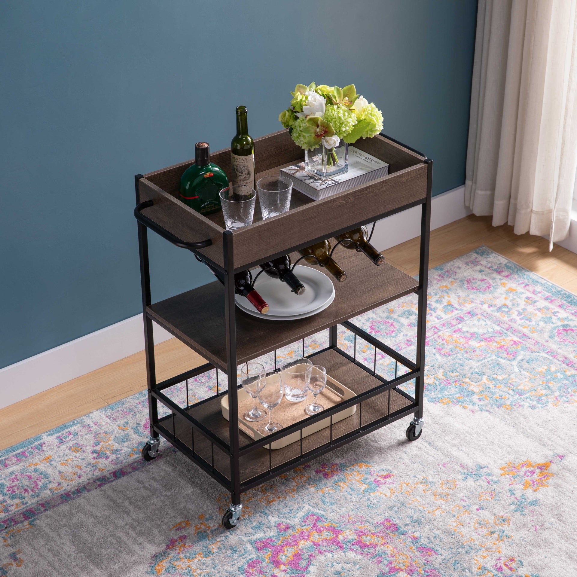 Rolling Kitchen Cart with Three Tiers and Four Wine Bottle Rack - Brown and Black Metal