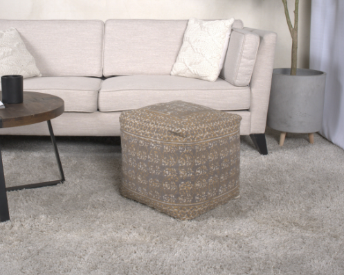 Ceasar Handcrafted Square Pouf, Taupe and Gold
