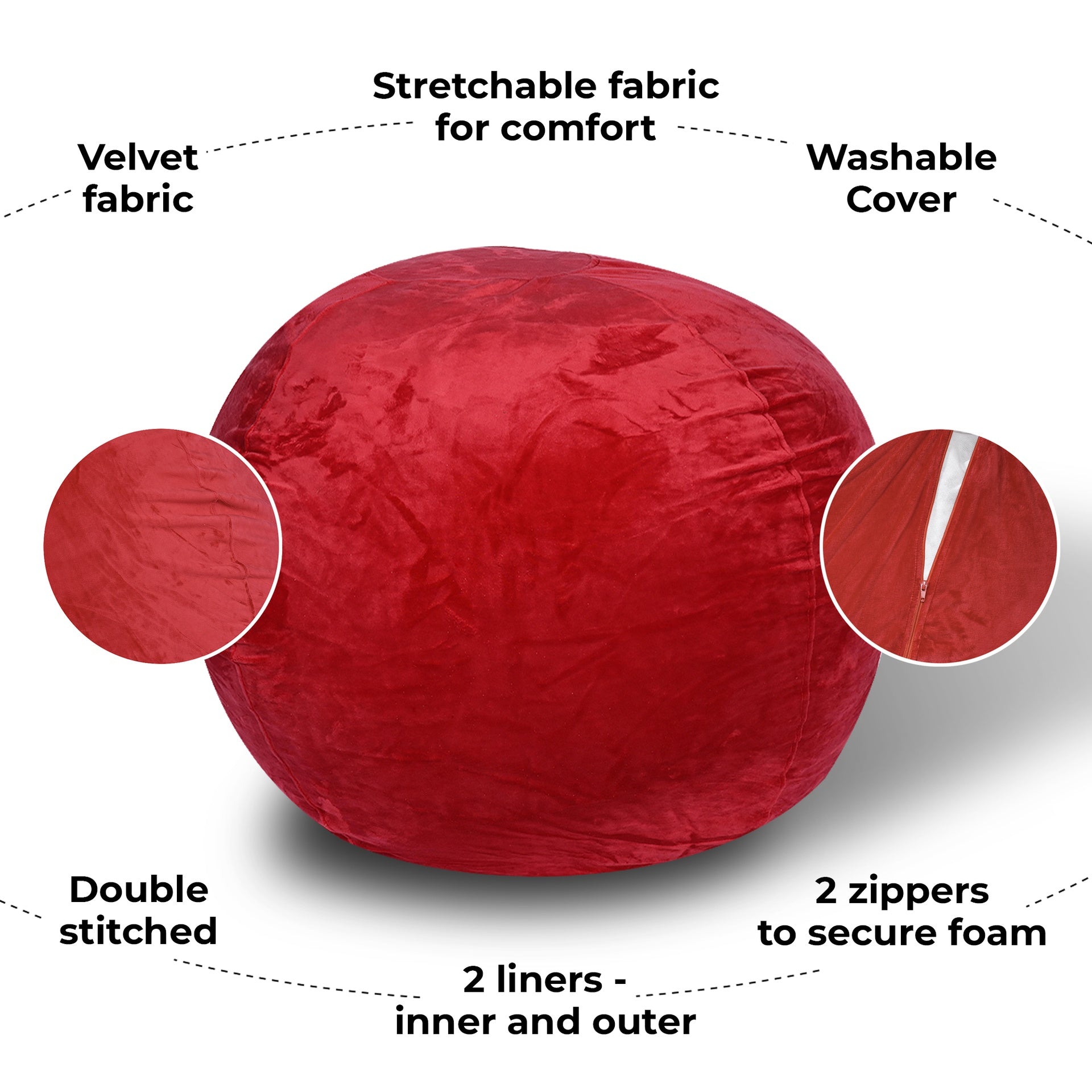Minky Velvet Bean Bag Chair, Red-3ft Plush Floor Chair for Kids and Adults w/ Washable Cover, Lounge Chair with Stretchable Fabric, Comfy Bedroom Chair, Filled with Shredded and Memory Foam.