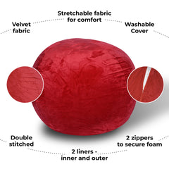 Minky Velvet Bean Bag Chair, Red-3ft Plush Floor Chair for Kids and Adults w/ Washable Cover, Lounge Chair with Stretchable Fabric, Comfy Bedroom Chair, Filled with Shredded and Memory Foam.