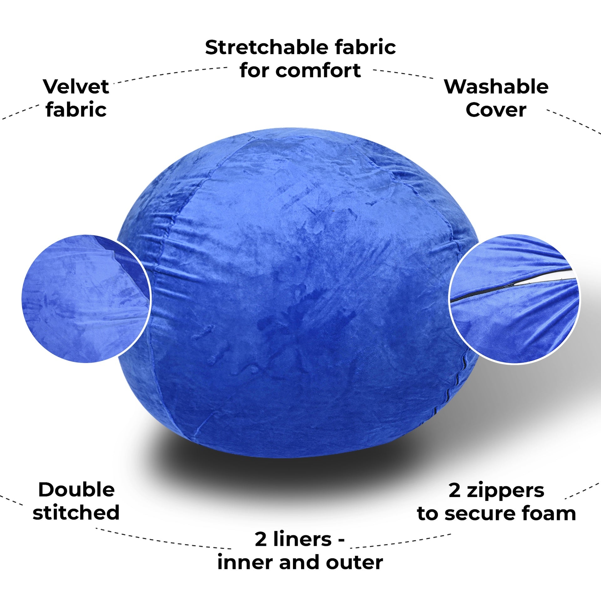 Minky Velvet Bean Bag Chair, Blue-5ft Plush Floor Chair for Kids and Adults w/ Washable Cover, Lounge Chair with Stretchable Fabric, Comfy Bedroom Chair, Filled with Shredded and Memory Foam.