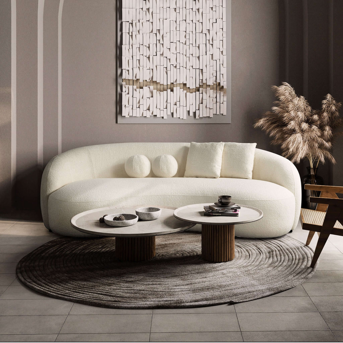 Drake Japandi Style Curvy Boucle Sofa Ivory White Boucle 89"