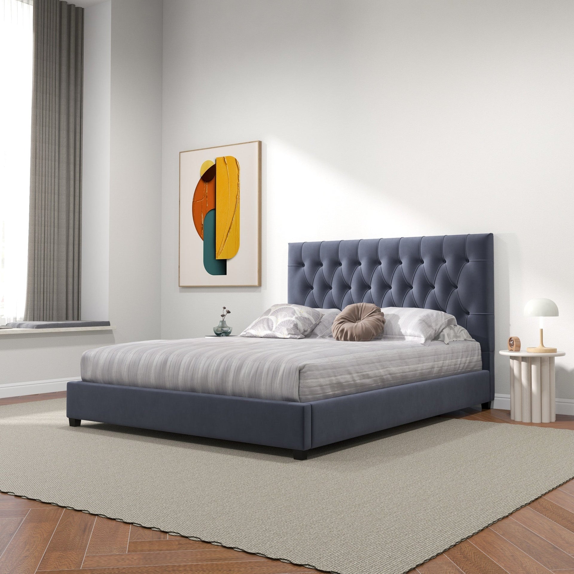 Donald Mid Century Modern Grey Velvet Platform Bed Queen