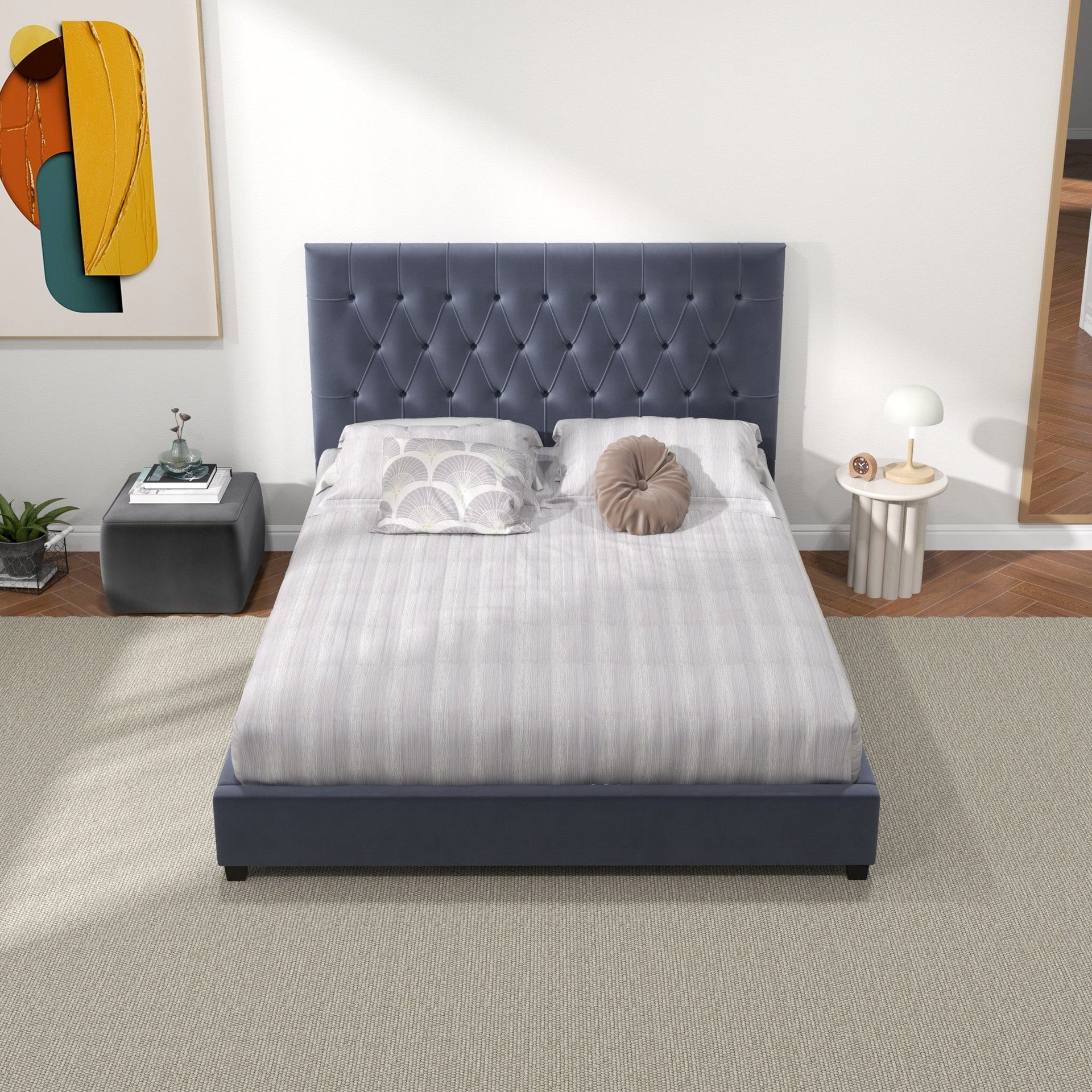 Donald Mid Century Modern Grey Velvet Platform Bed Queen