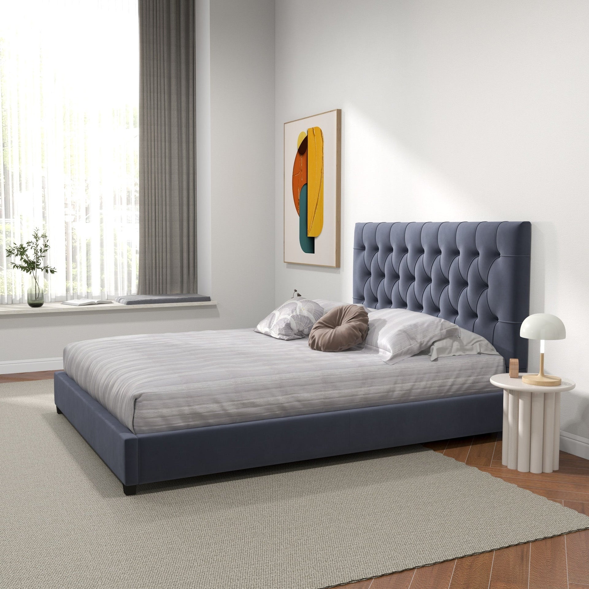 Donald Mid Century Modern Grey Velvet Platform Bed Queen