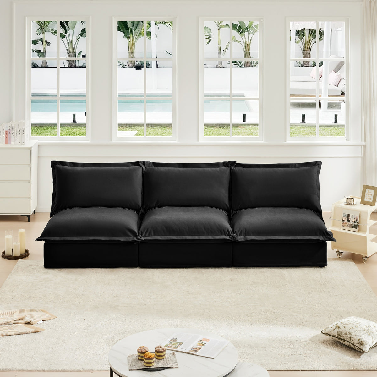 Modern Upholstered Modular Armless 3 Seater Sofa,Deep Seat 3- Seat Sofa Couch Armless Sofa Couch Free Combination, Chenille Fabric,Black