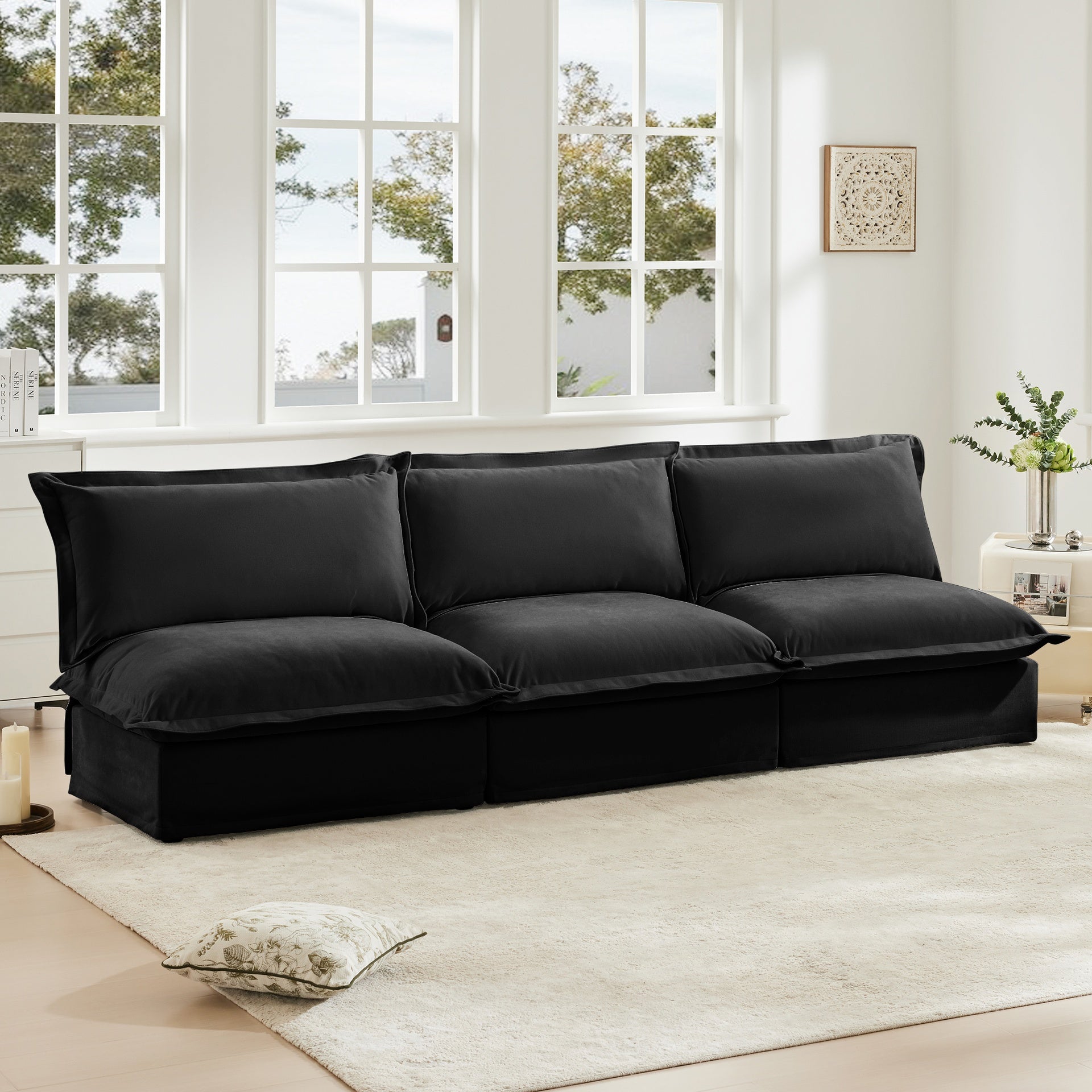 Modern Upholstered Modular Armless 3 Seater Sofa,Deep Seat 3- Seat Sofa Couch Armless Sofa Couch Free Combination, Chenille Fabric,Black