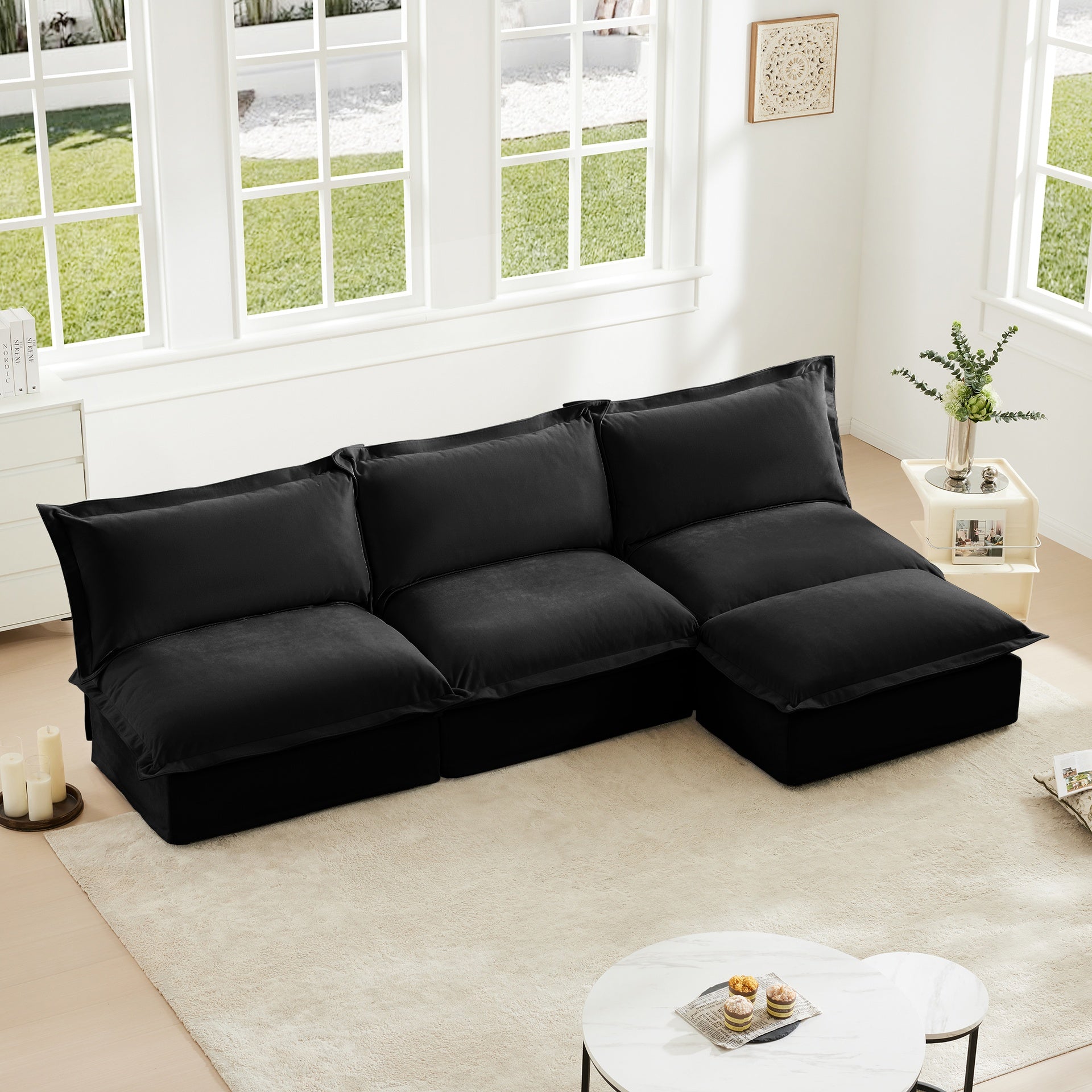 Slipcovered 3 Seater Armless Modern Upholstered Modular Armless Sectional with Reversible Ottoman,Sectional Sofa Couch Armless Sofa Couch Free Combination, Chenille Fabric, Black