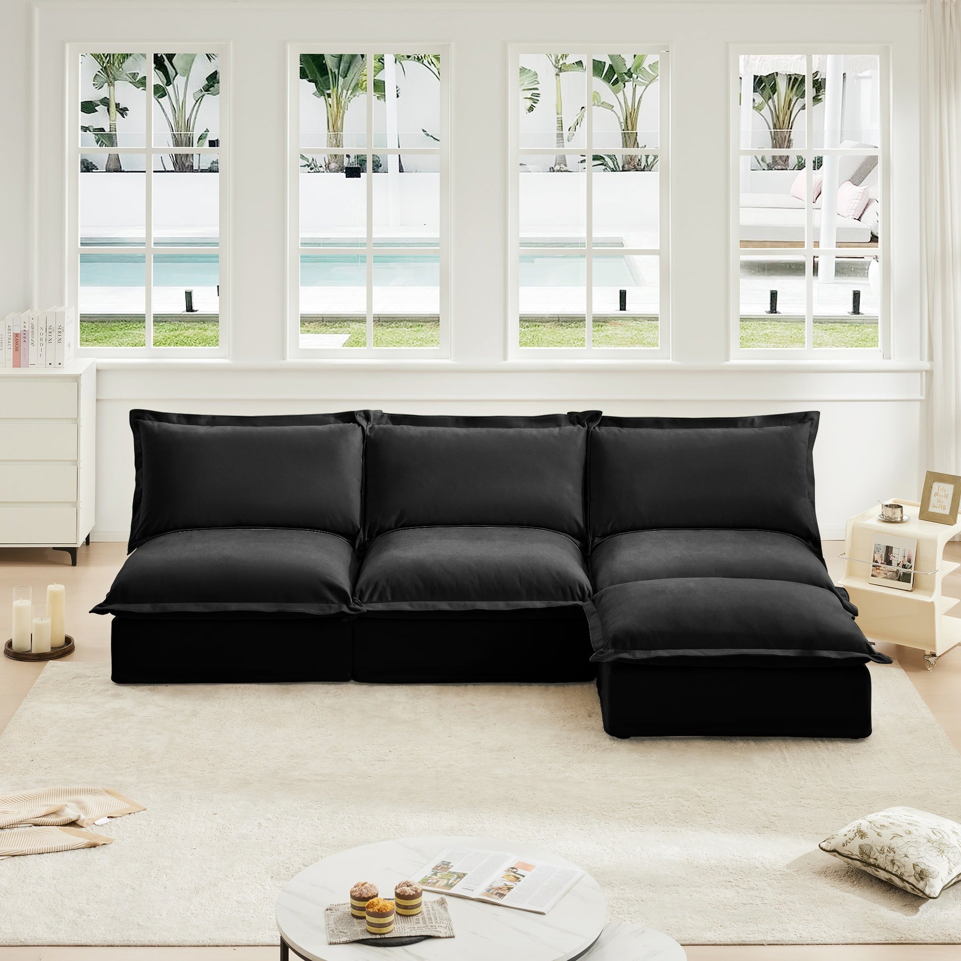 Slipcovered 3 Seater Armless Modern Upholstered Modular Armless Sectional with Reversible Ottoman,Sectional Sofa Couch Armless Sofa Couch Free Combination, Chenille Fabric, Black