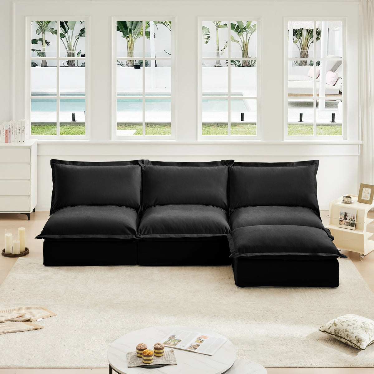 Slipcovered 3 Seater Armless Modern Upholstered Modular Armless Sectional with Reversible Ottoman,Sectional Sofa Couch Armless Sofa Couch Free Combination, Chenille Fabric, Black