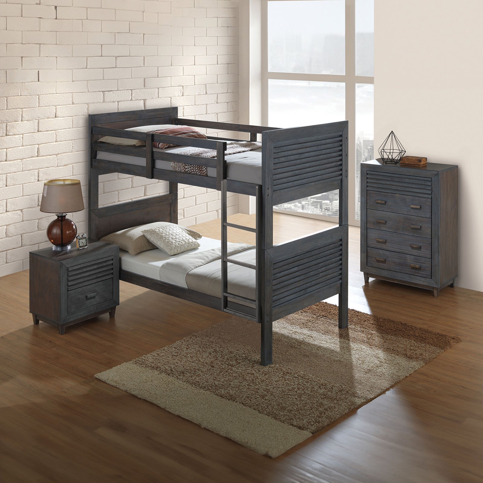 Transitional Twin Over Twin Bunk Bed With Reversible Ladder And Footboard Panel, Charcoal Brown