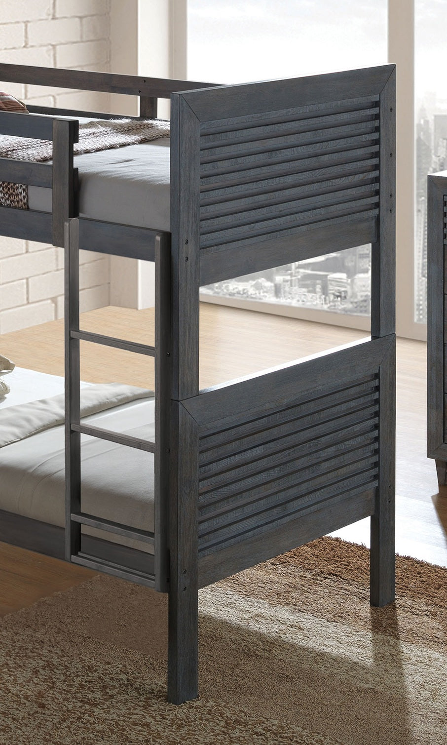 Transitional Twin Over Twin Bunk Bed With Reversible Ladder And Footboard Panel, Charcoal Brown