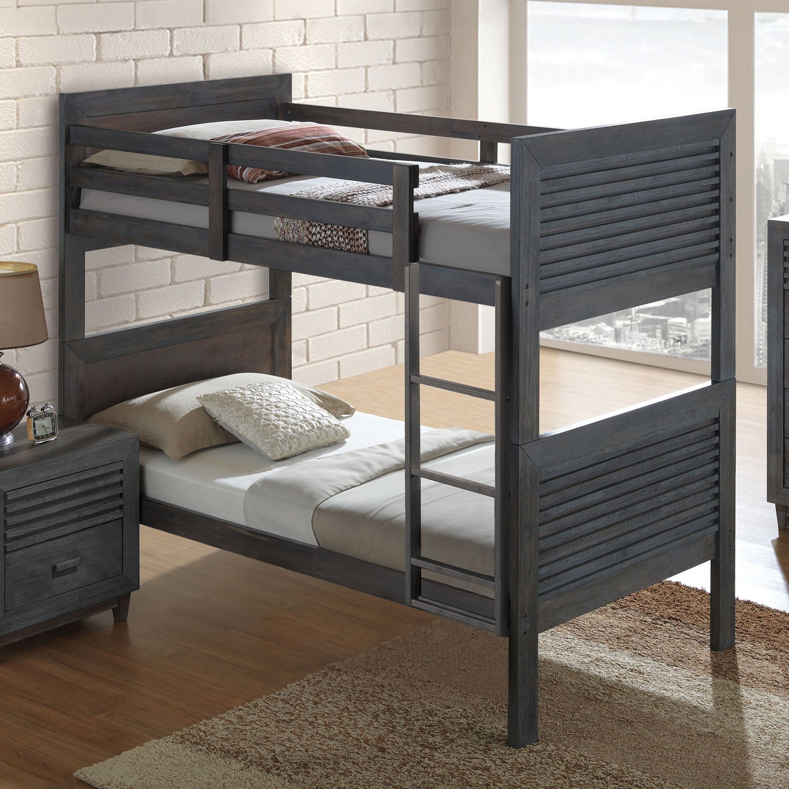 Transitional Twin Over Twin Bunk Bed With Reversible Ladder And Footboard Panel, Charcoal Brown