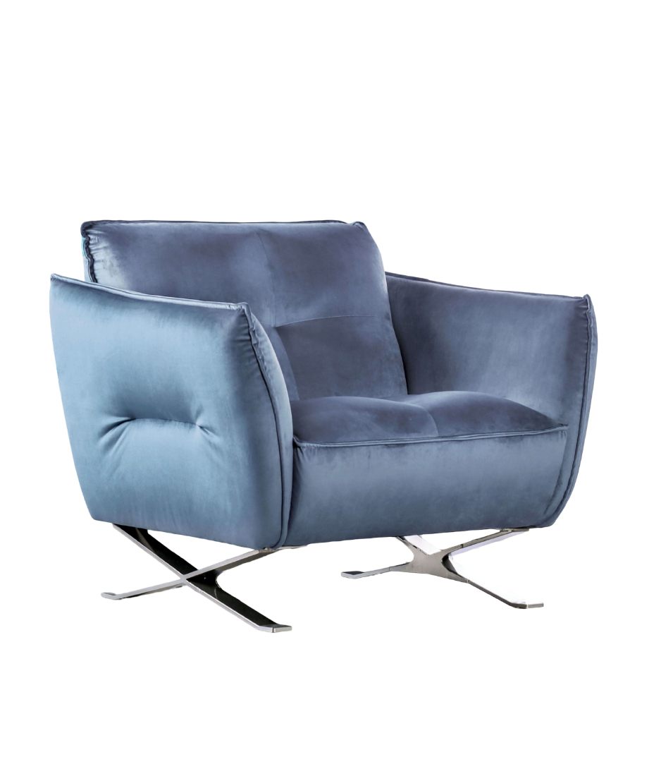 Contemporary Style 1pc Chair Light Blue Finish Biscuit Tufting Tight Back And Seat X Cross Chrome Legs Primary Living Room