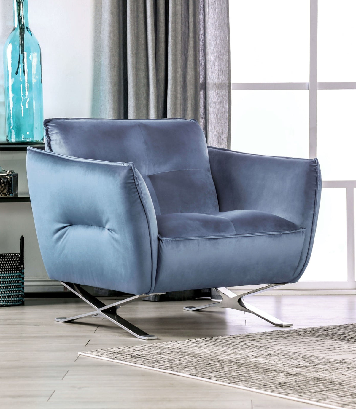 Contemporary Style 1pc Chair Light Blue Finish Biscuit Tufting Tight Back And Seat X Cross Chrome Legs Primary Living Room