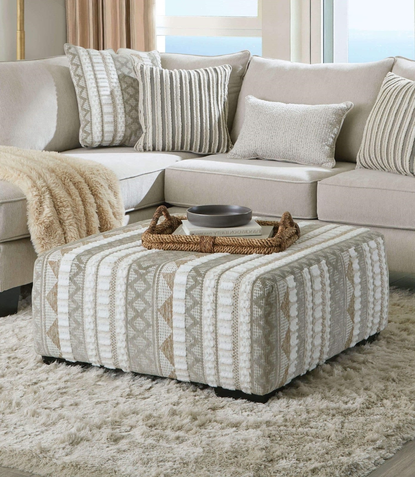 Contemporary Style Solid Wood Form Ottoman With Black Tapered Legs Beige / Ivory