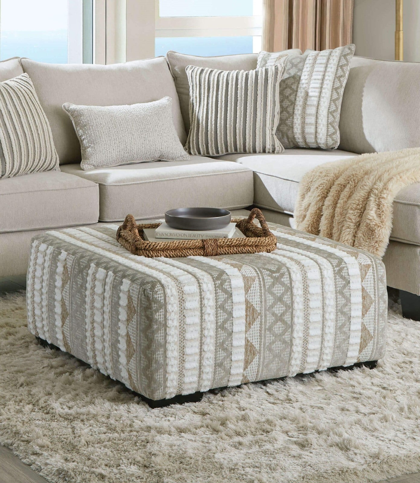 Contemporary Style Solid Wood Form Ottoman With Black Tapered Legs Beige / Ivory