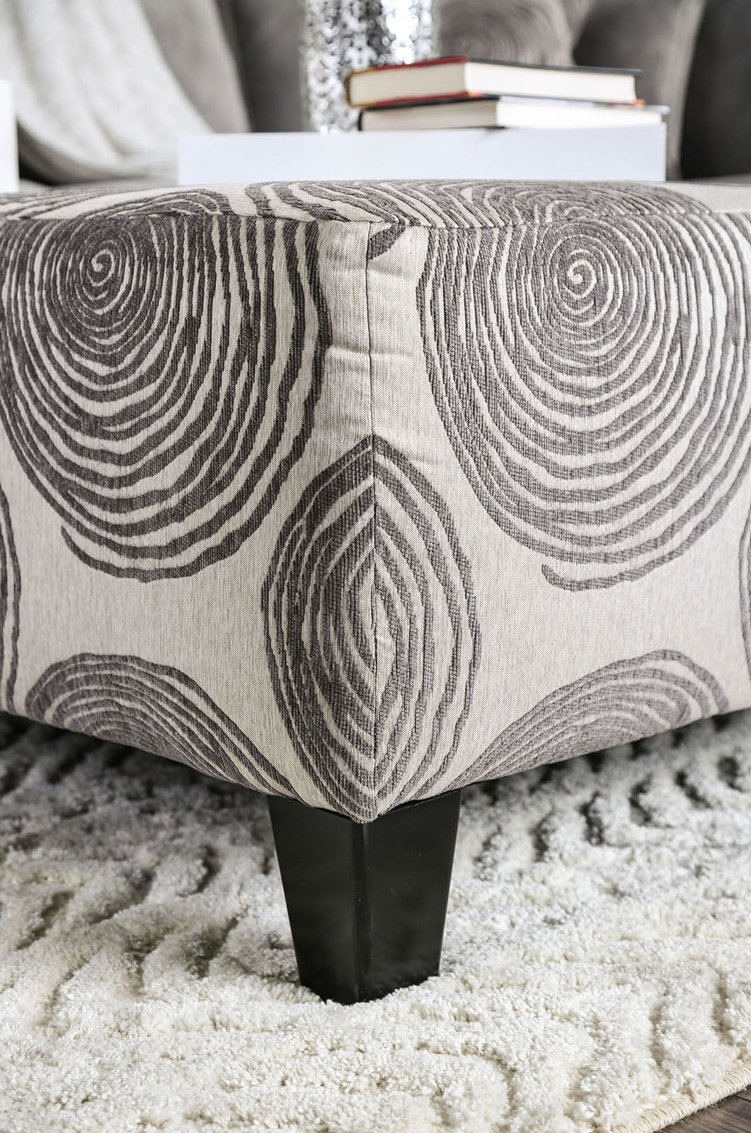 Transitional Style Gray Pattern Finish Square Upholstery Ottoman Oversized Design Bun Legs
