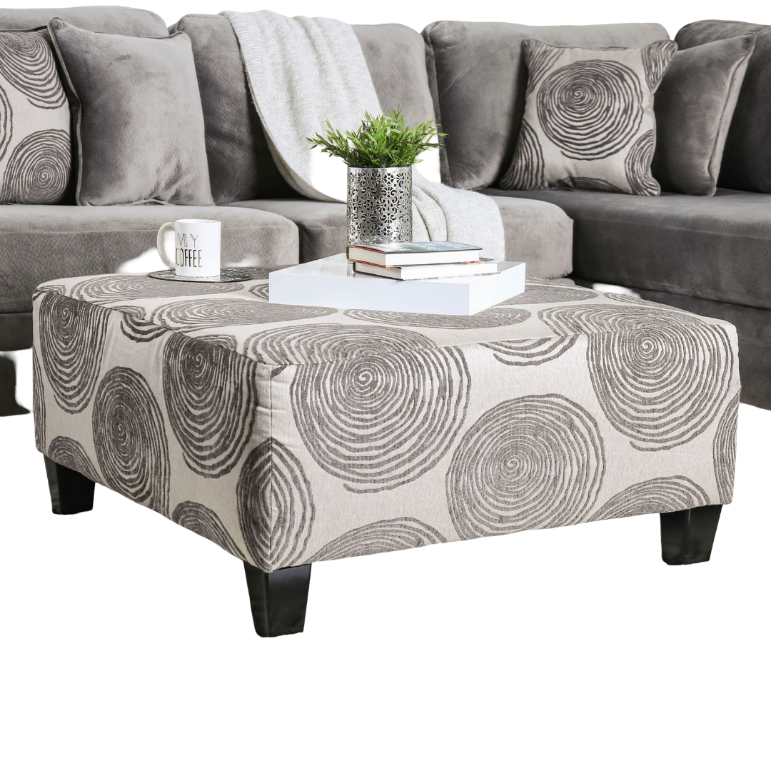 Transitional Style Gray Pattern Finish Square Upholstery Ottoman Oversized Design Bun Legs