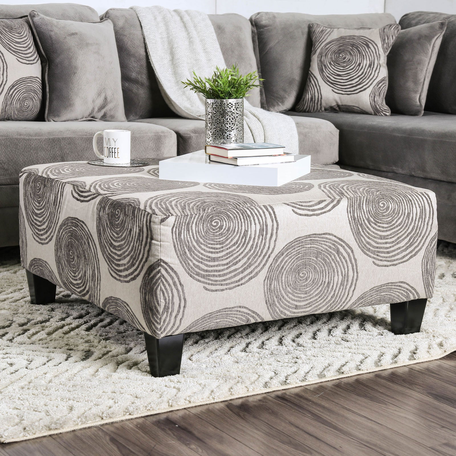 Transitional Style Gray Pattern Finish Square Upholstery Ottoman Oversized Design Bun Legs