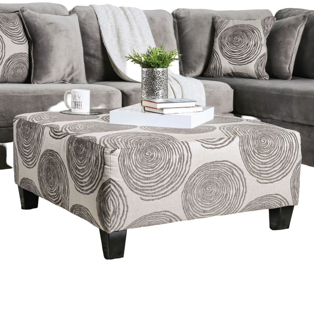 Transitional Style Gray Pattern Finish Square Upholstery Ottoman Oversized Design Bun Legs