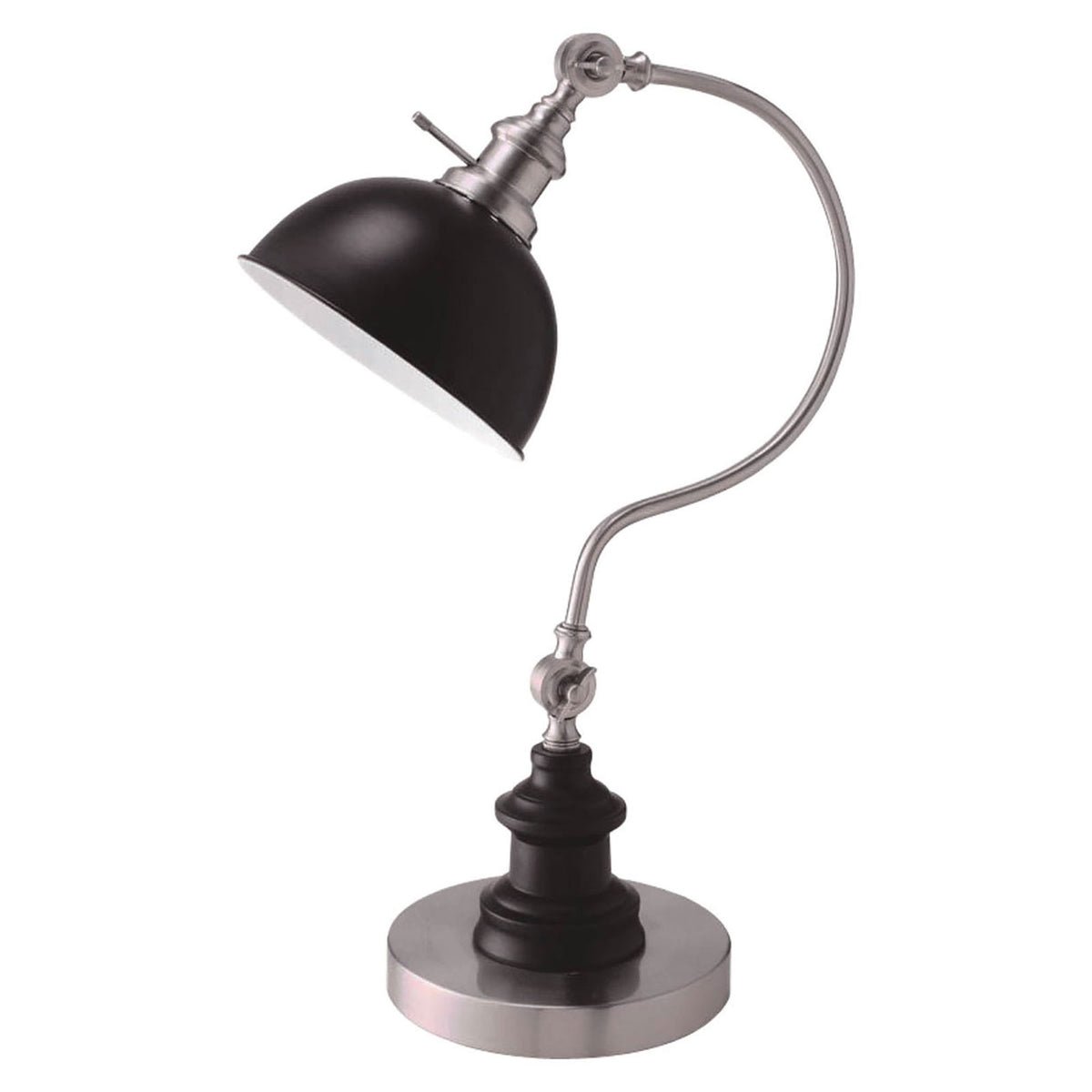 Industrial Style 1pc Table Lamp Stain Nickel Circular Metal Base Curved Stem Lamp