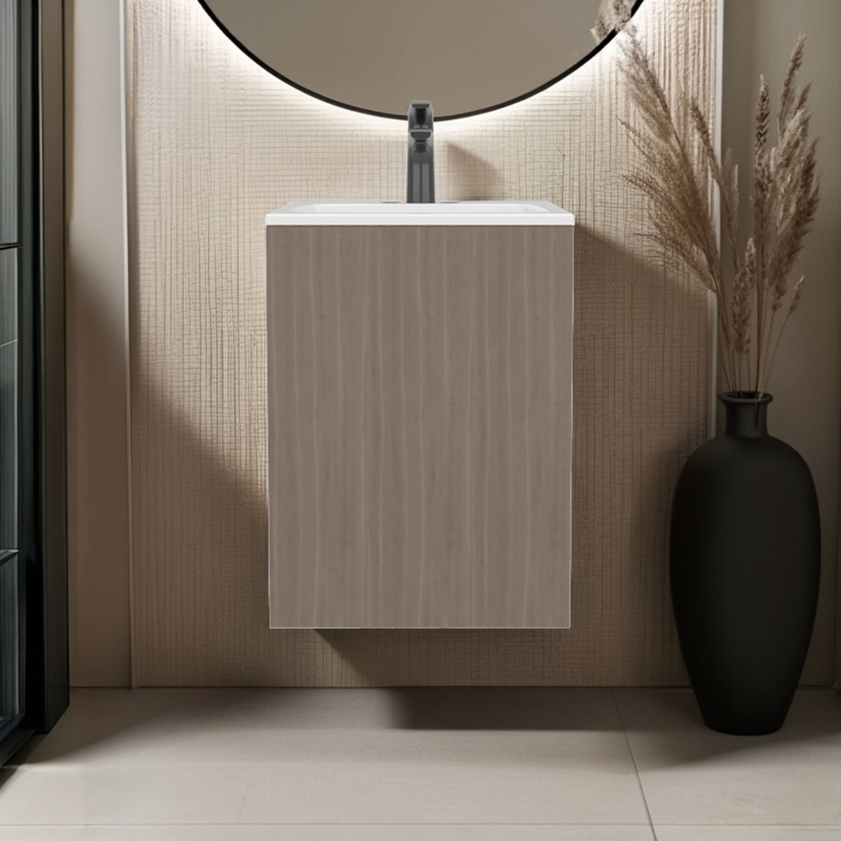 Colton Free Standing Bathroom Vanity With One Door Cabinet And Open Shelf, Modern Compact Sink Cabinet, Light Gray