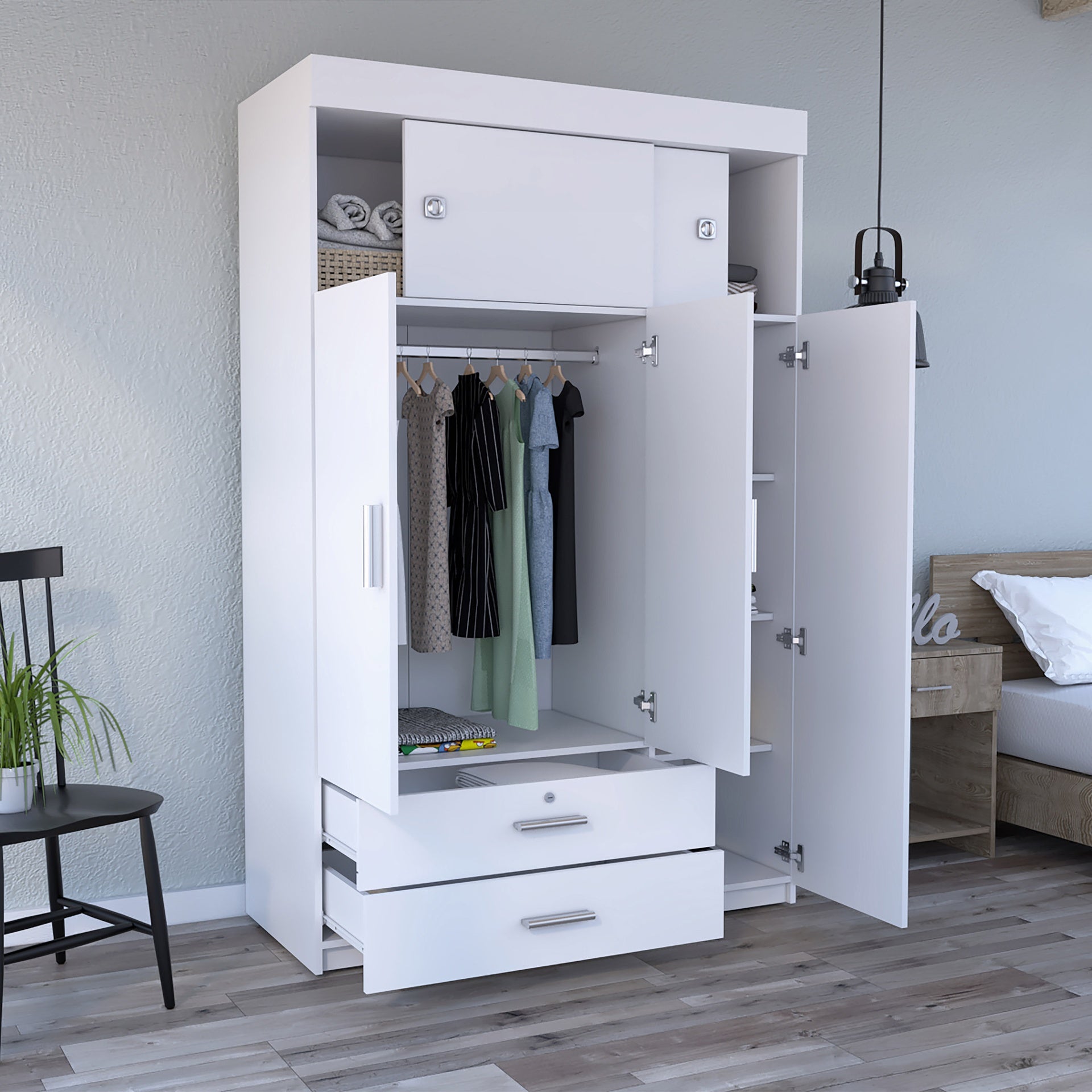 Chile Armoire, Rod, Three Door Cabinet, Two Drawers, Two Superior Adjustable Shelves, Metal Hardware- White