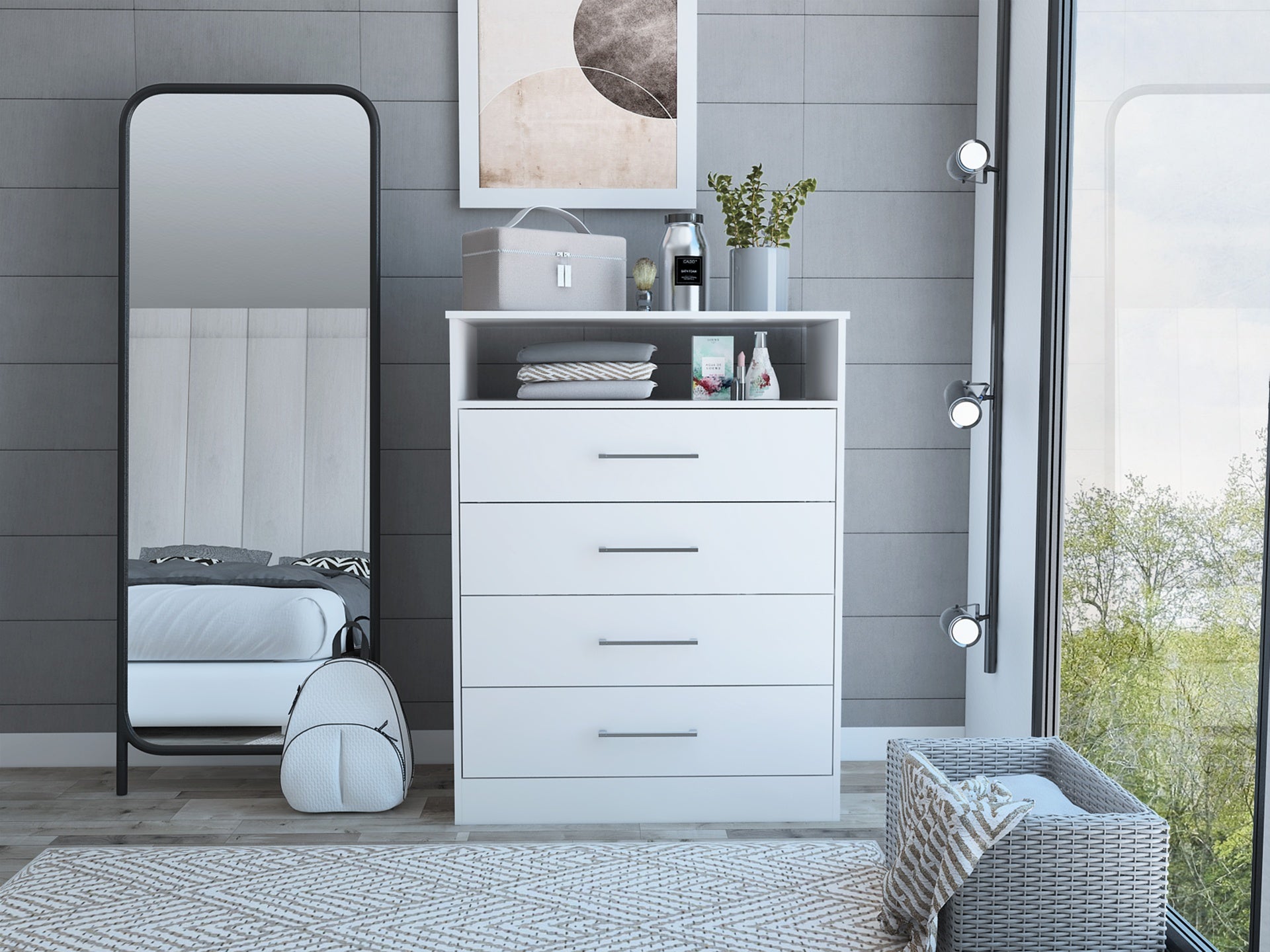 Continental Dresser, Superior Top, Four Drawers, One Shelf -White