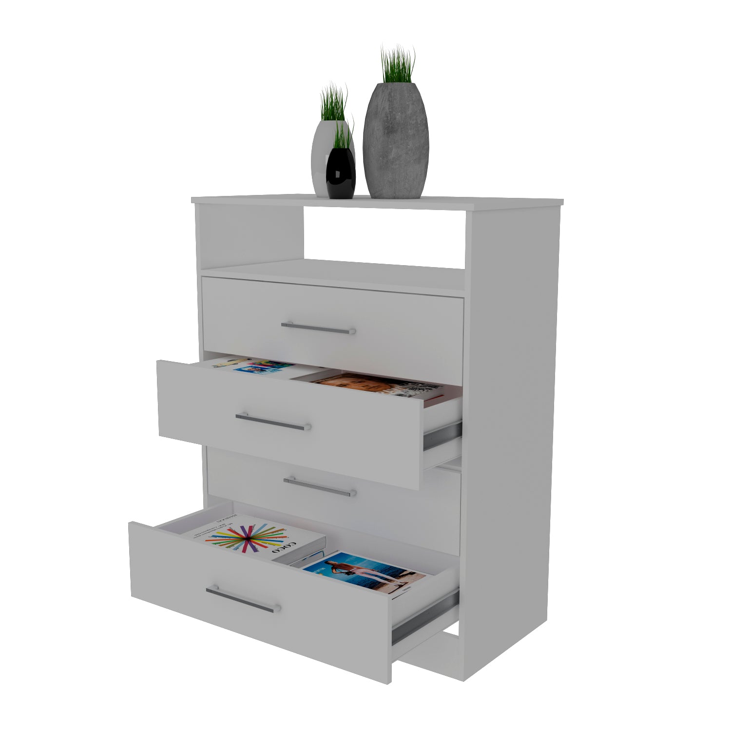 Continental Dresser, Superior Top, Four Drawers, One Shelf -White