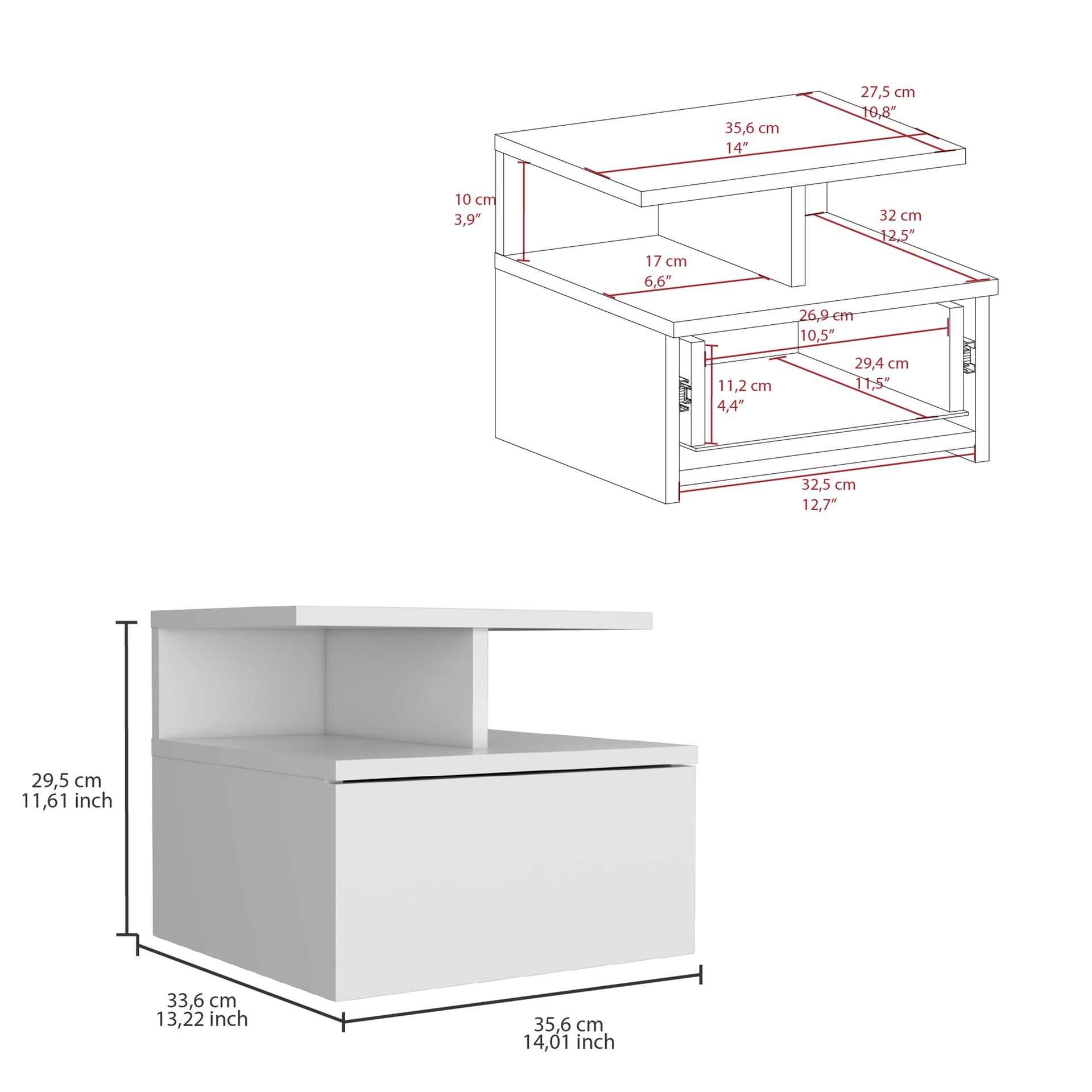 Adele Floating Nightstand , End Table, Side Table Drawer, Open Top Shelves -White