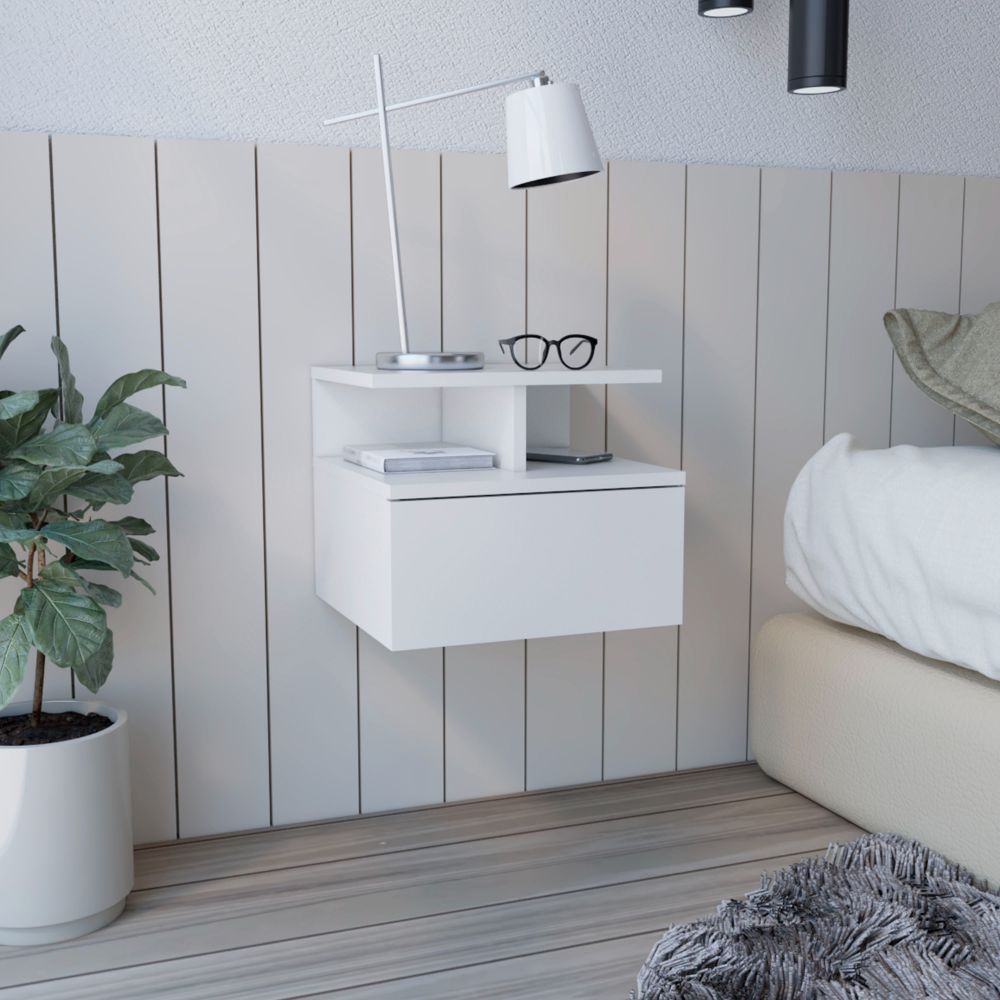 Adele Floating Nightstand , End Table, Side Table Drawer, Open Top Shelves -White