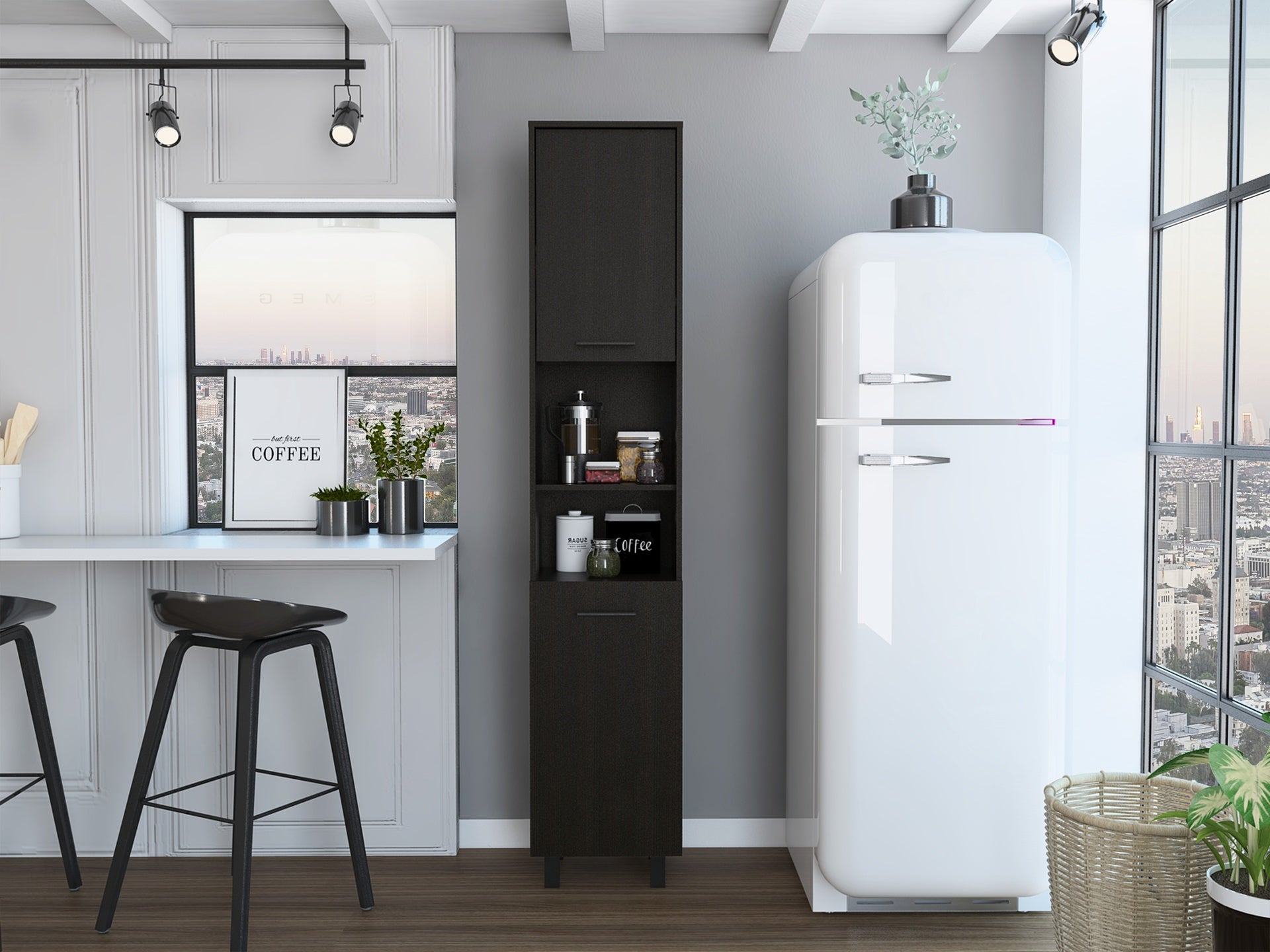 Hobart Pantry, Three Interior Shelves, Two Shelves, Two Cabinets -Black