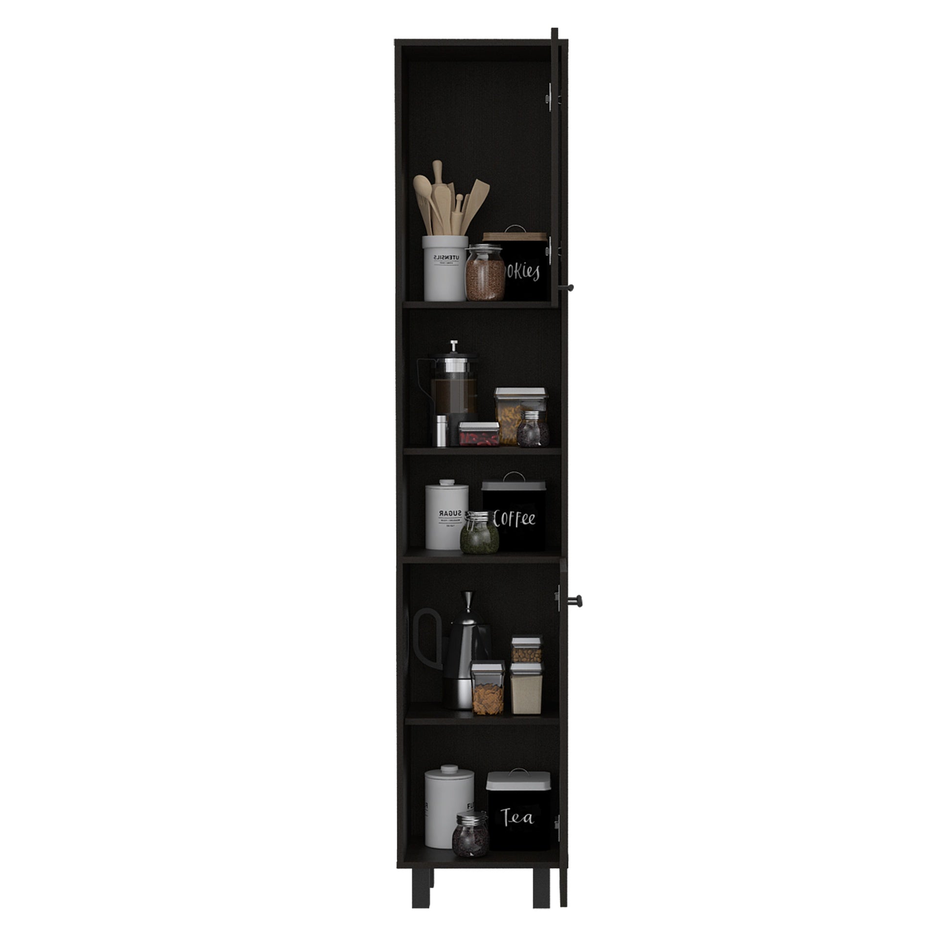 Hobart Pantry, Three Interior Shelves, Two Shelves, Two Cabinets -Black
