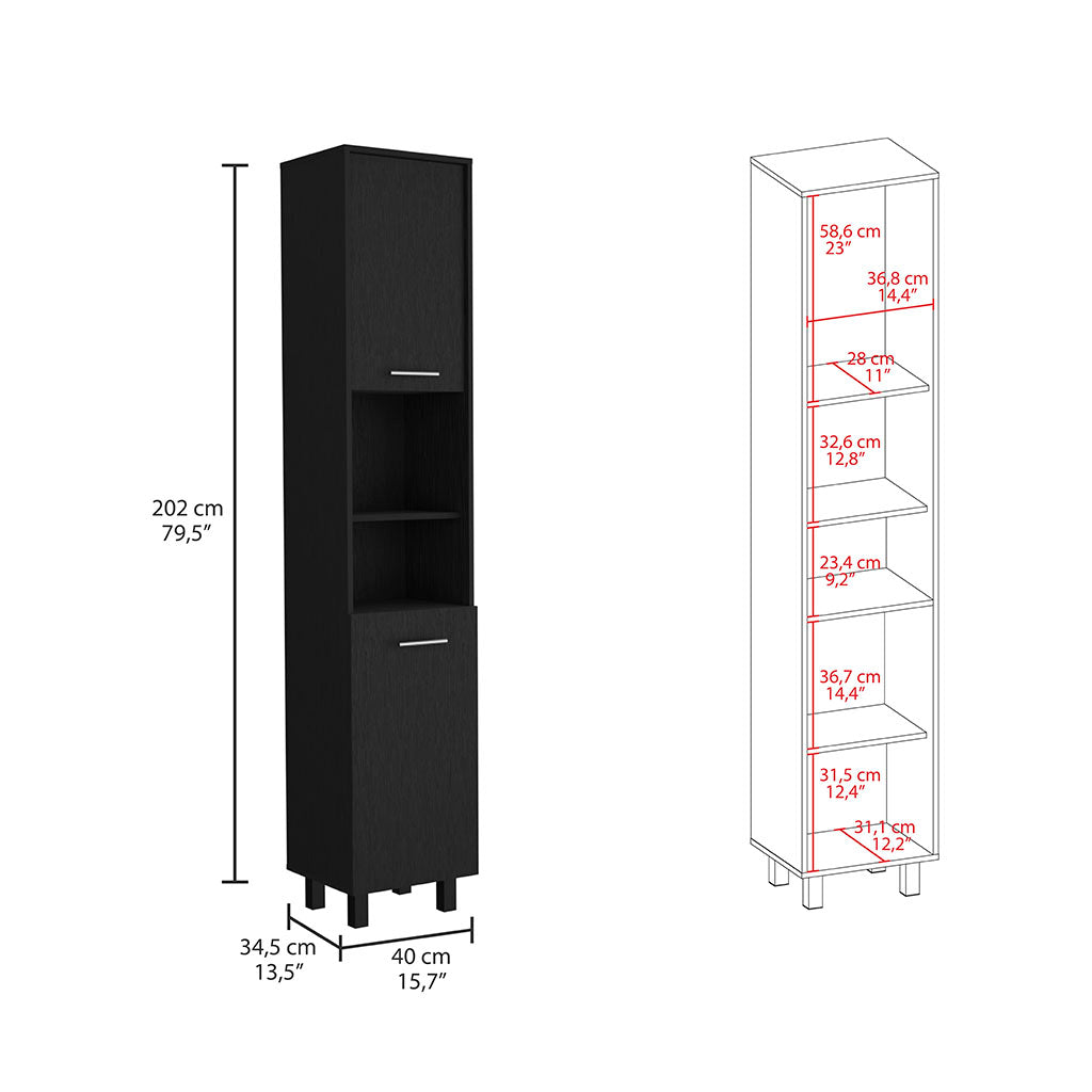Hobart Pantry, Three Interior Shelves, Two Shelves, Two Cabinets -Black