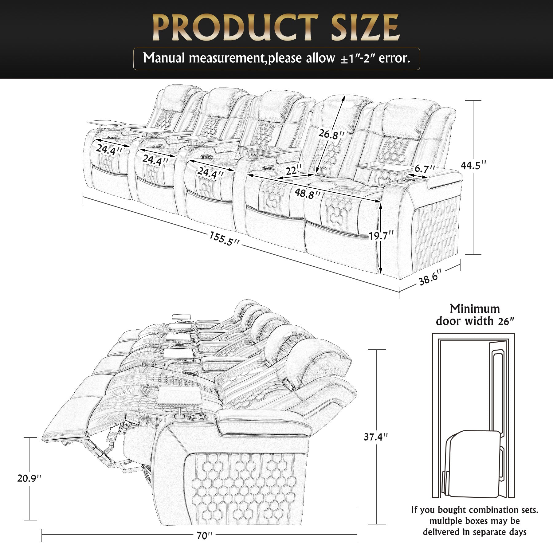 155.5"Power Recliner 5 PC Made WithTop-Grain Nappa,Fully Adjustable Relaxation,Smart Charging,Dynamic RGB LED Lighting,COFFEE
