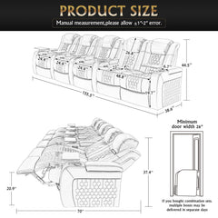 155.5"Power Recliner 5 PC Made WithTop-Grain Nappa,Fully Adjustable Relaxation,Smart Charging,Dynamic RGB LED Lighting,COFFEE