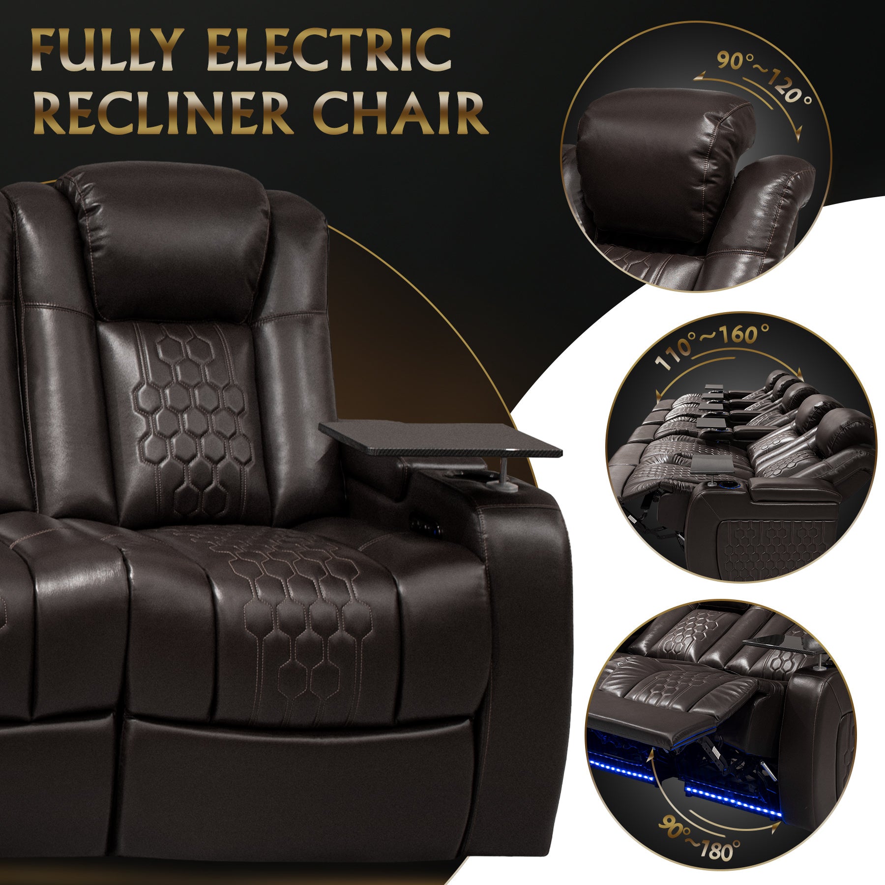 155.5"Power Recliner 5 PC Made WithTop-Grain Nappa,Fully Adjustable Relaxation,Smart Charging,Dynamic RGB LED Lighting,COFFEE