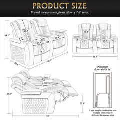 68.9"Power Recliner 2 PC Made WithTop-Grain Nappa,Fully Adjustable Relaxation,Smart Charging,Dynamic RGB LED Lighting,COFFEE