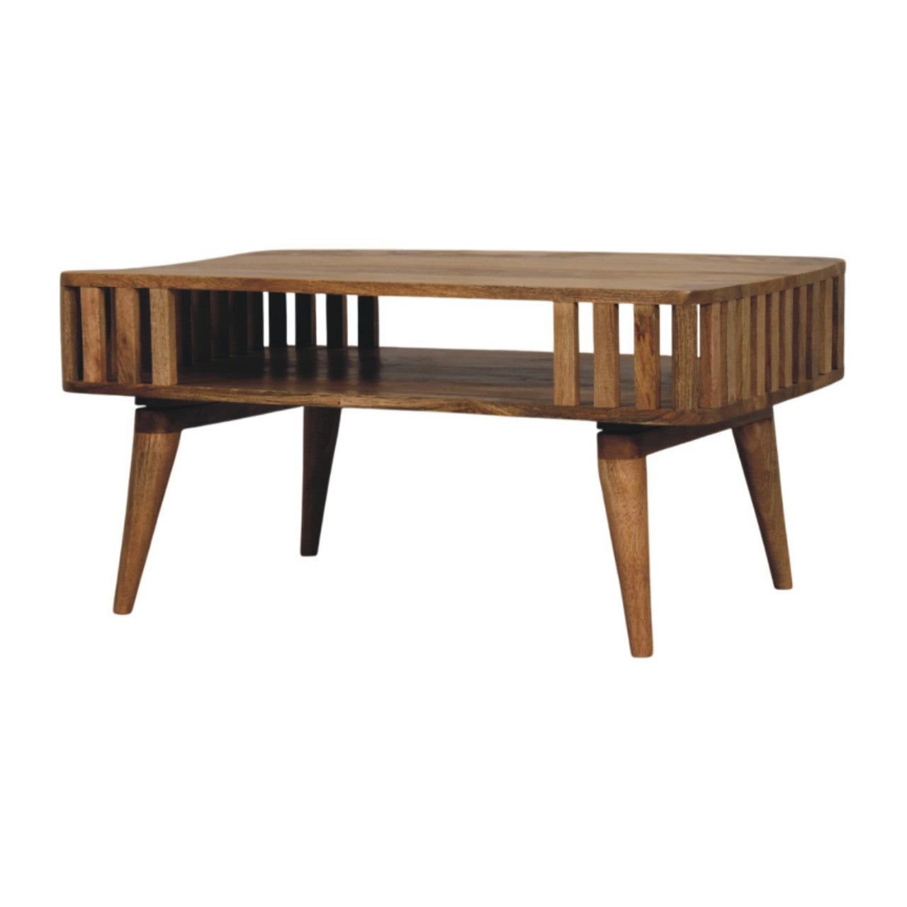 Solid Wood Slatted Oak-ish Coffee Table, Open Storage, Nordic Legs, Light Brown