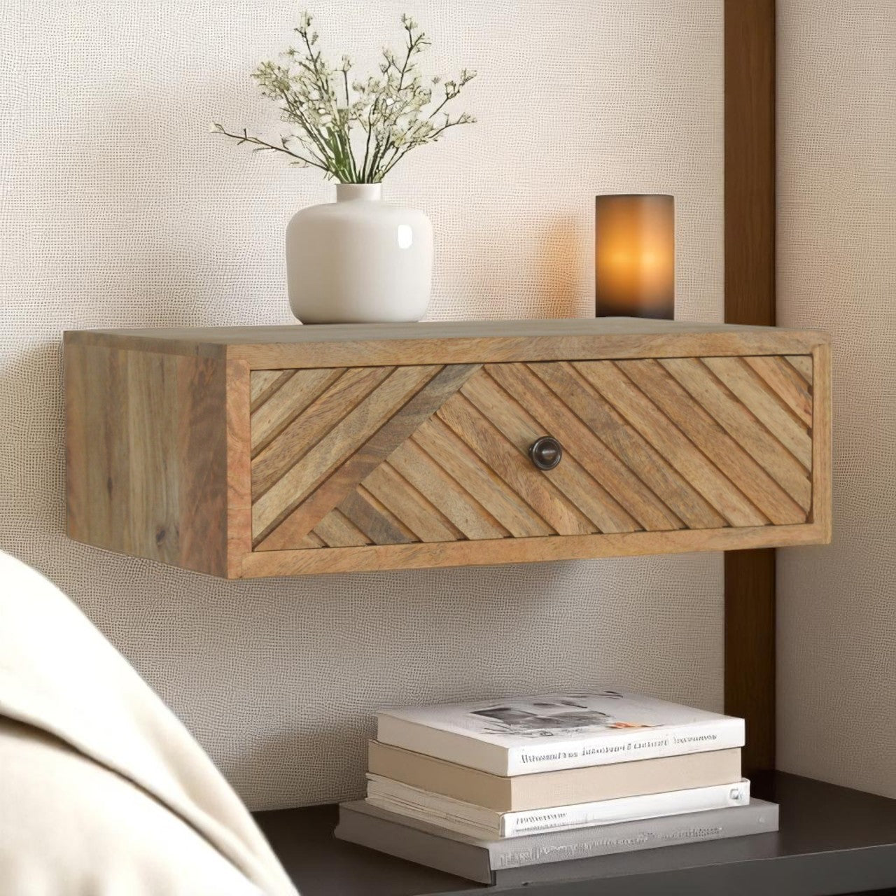 Solid Wood Floating Line Carved Nightstand, 1 Drawer, Light Brown