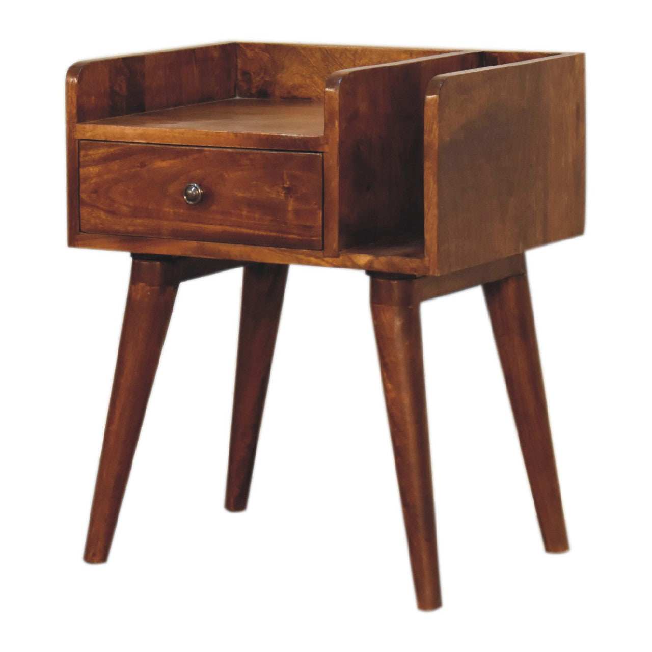 Chestnut Collective Nightstand,1-Drawer, 2 Open-Slots, Nordic Legs, Light Brown