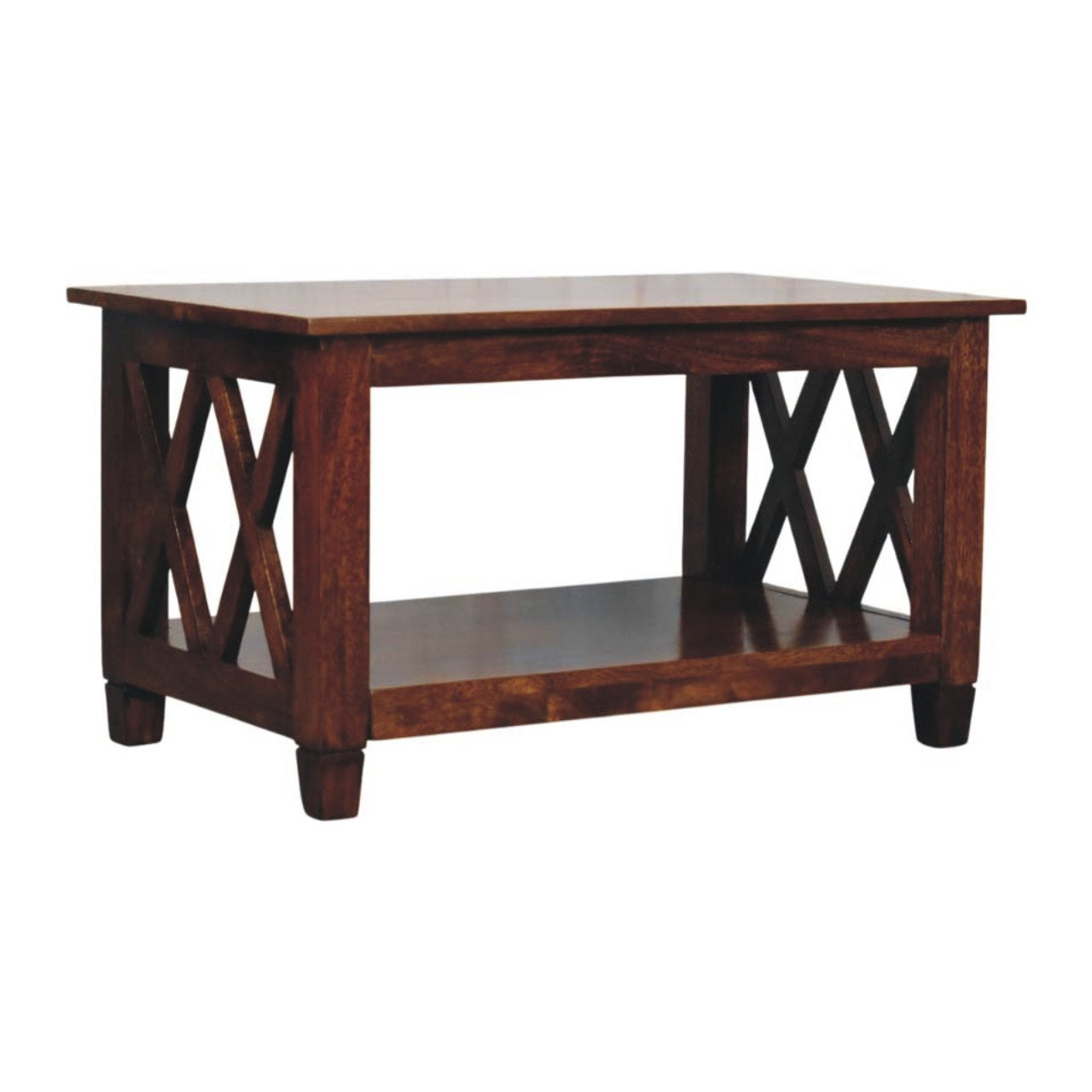 Solid Wood Belmont X-Frame Coffee Table, Chestnut, Dark Brown