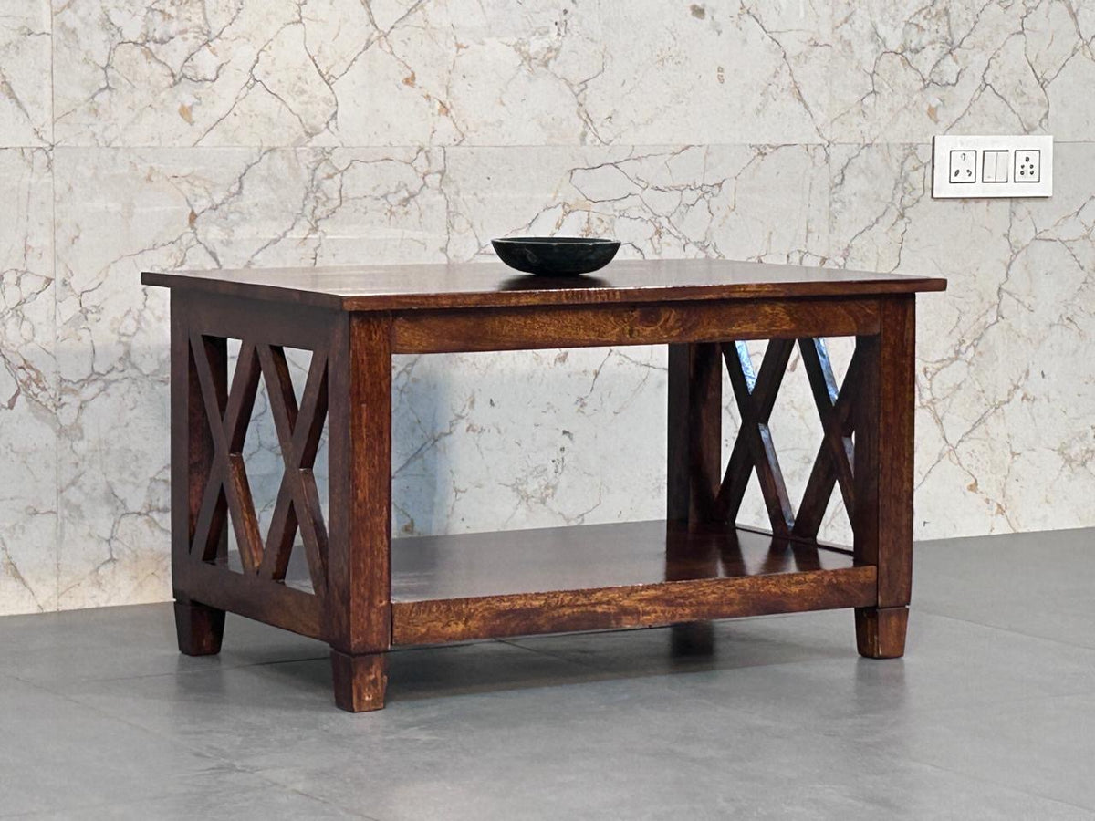 Solid Wood Belmont X-Frame Coffee Table, Chestnut, Dark Brown