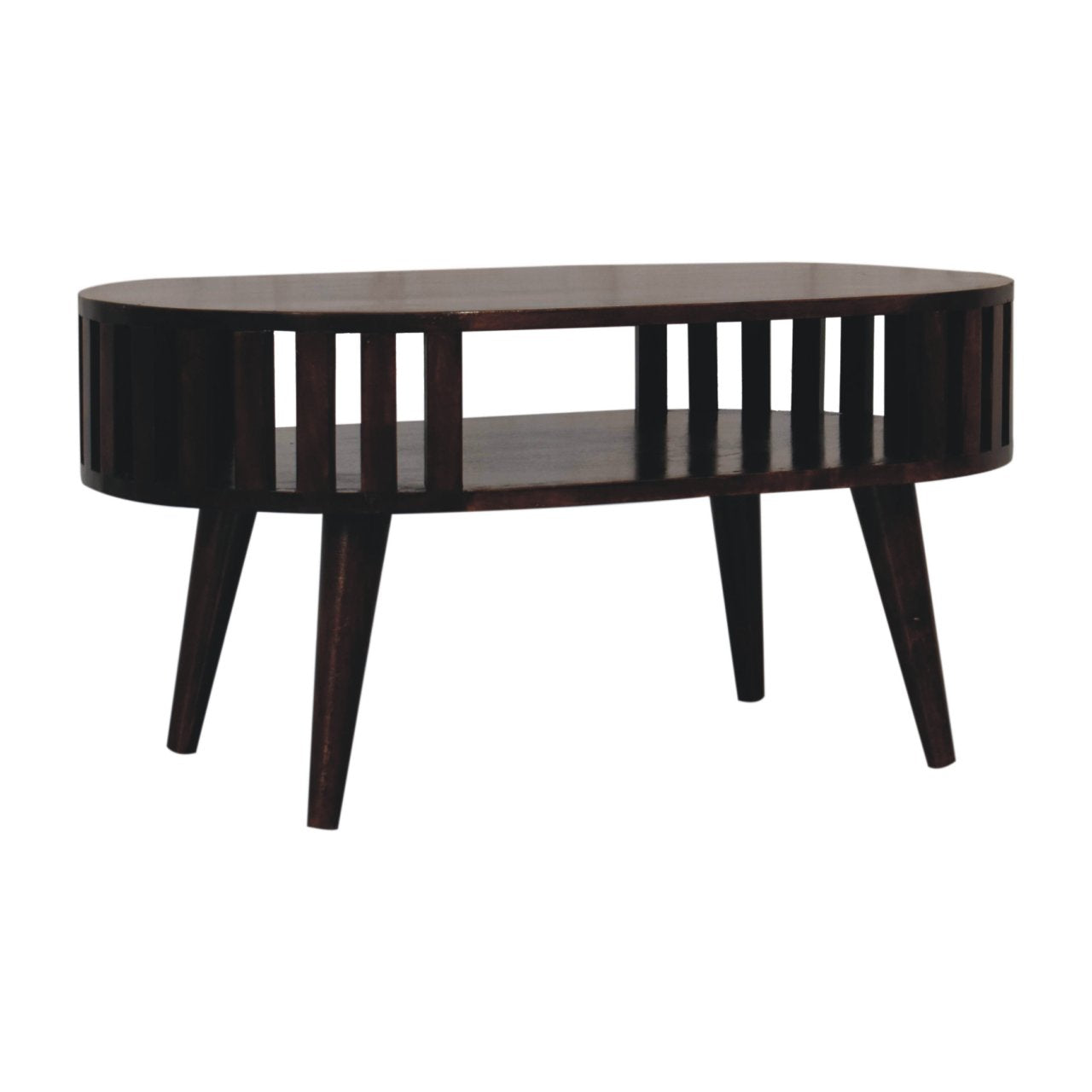 Solid Wood Ariella California Walnut Coffee Table, Open Storage, Nordic Legs, Dark Brown