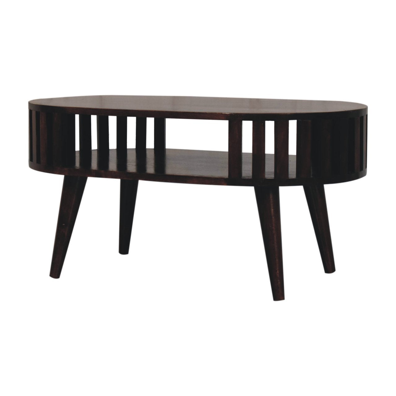 Solid Wood Ariella California Walnut Coffee Table, Open Storage, Nordic Legs, Dark Brown