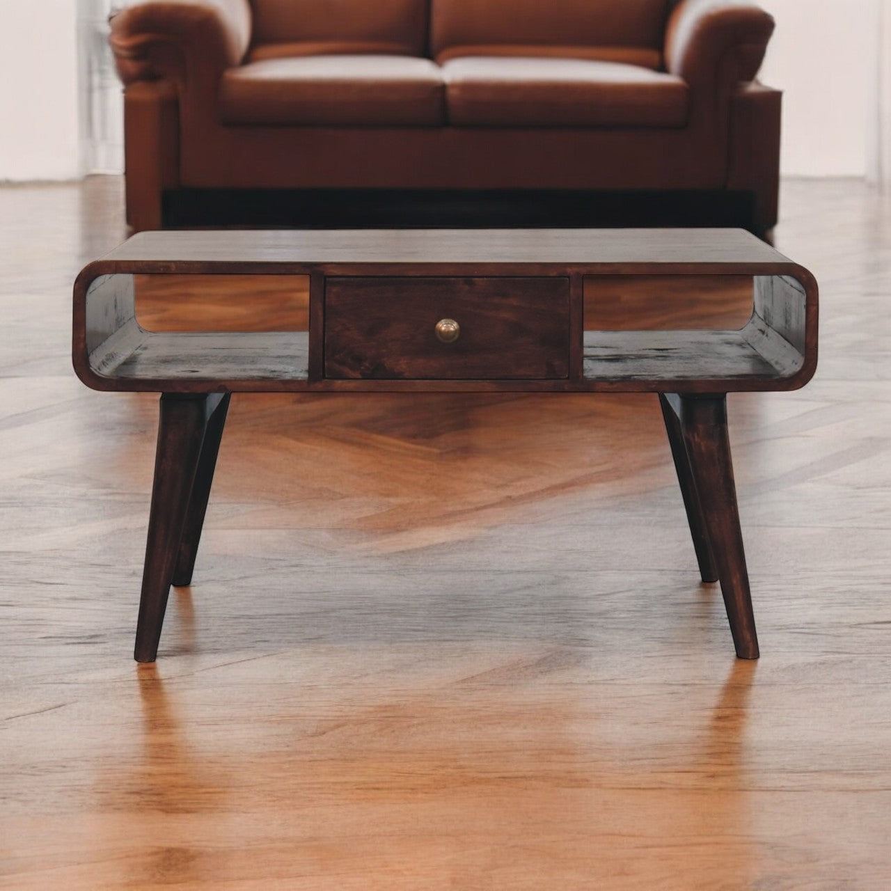 Solid Wood Curved California Walnut Coffee Table, 2-Drawers, 2 Shelves, Nordic Legs, Dark Brown