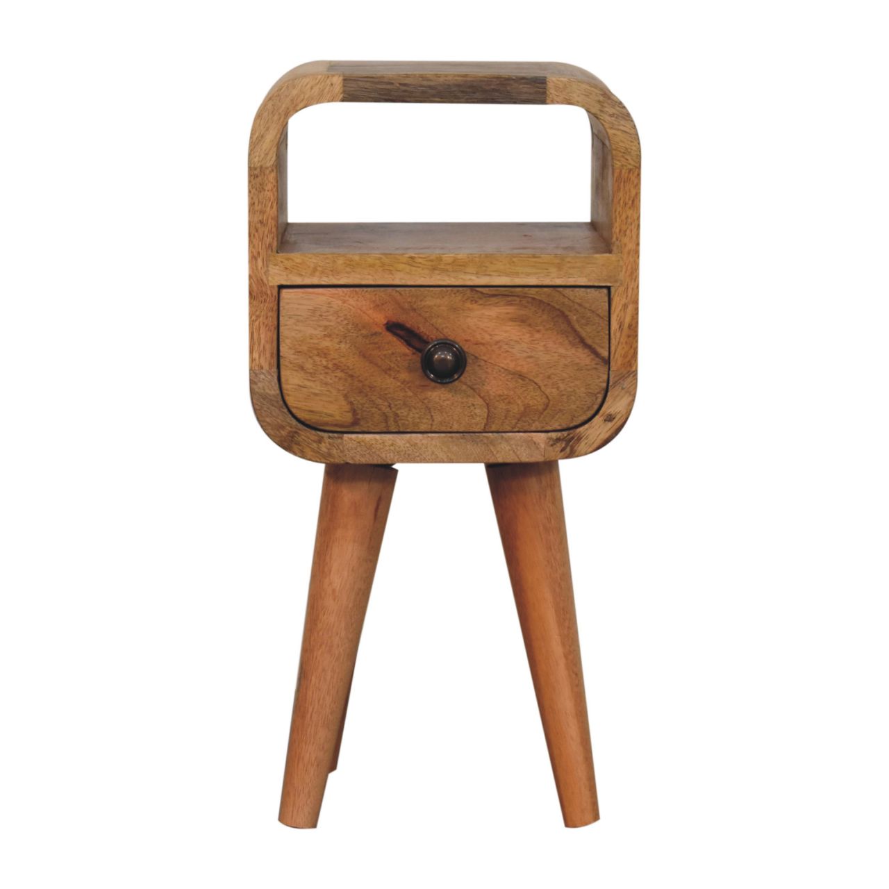 Solid Wood Extra Mini Oak-ish Curve Open Slot Nightstand, 1-Drawer, 1 Open Slot, Nordic Legs, Brown