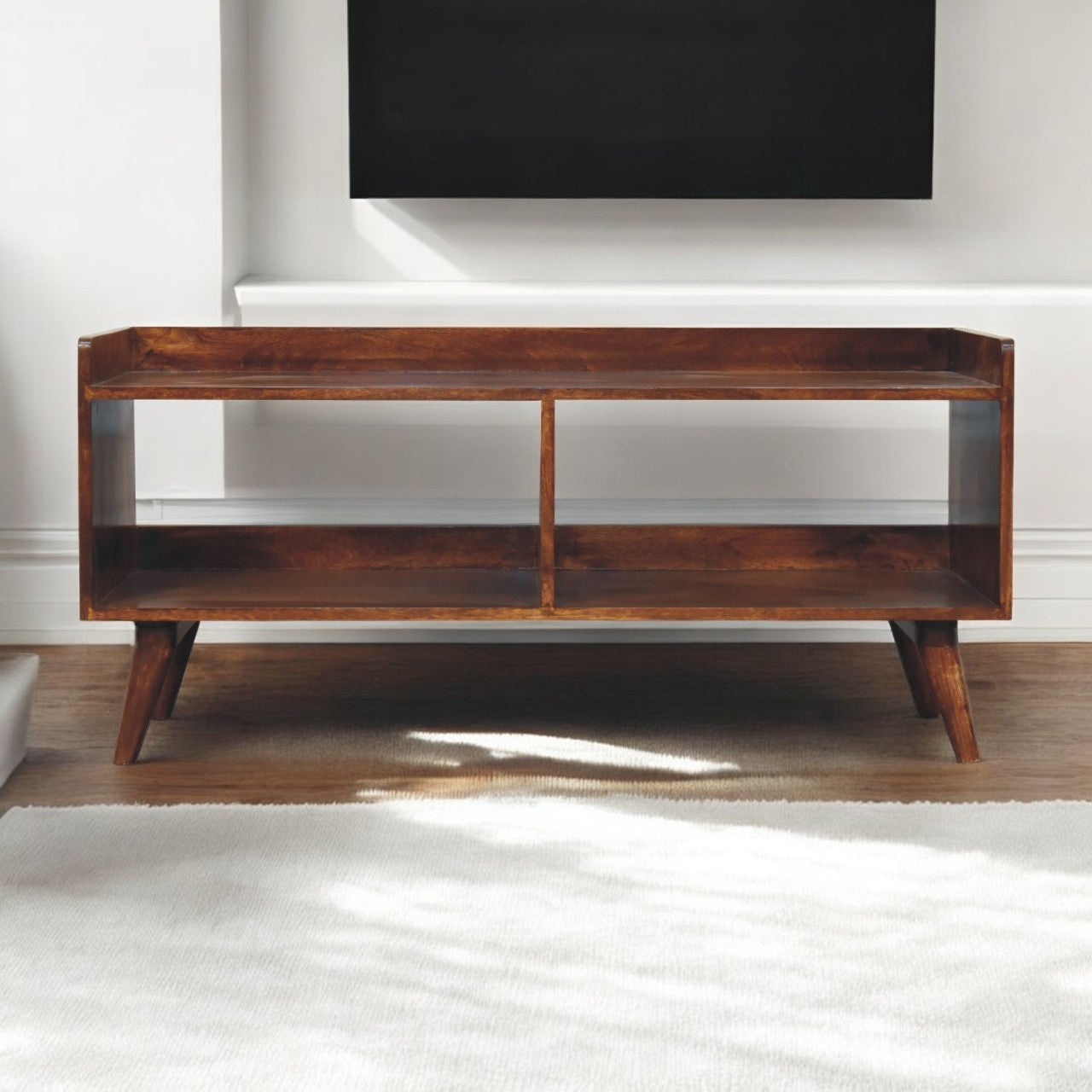 Solid Wood Open-top Chestnut Media Unit, 2 Open Shelves, Nordic Legs, Dark Brown